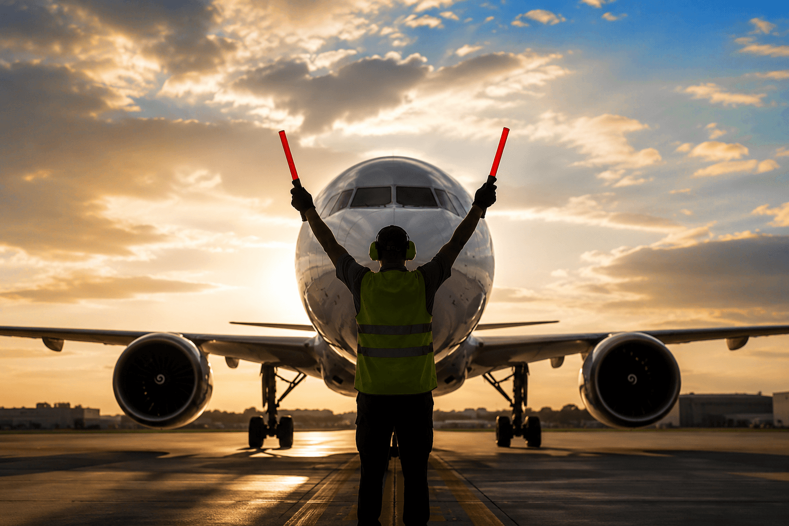 Runway air traffic marshal guiding plane.